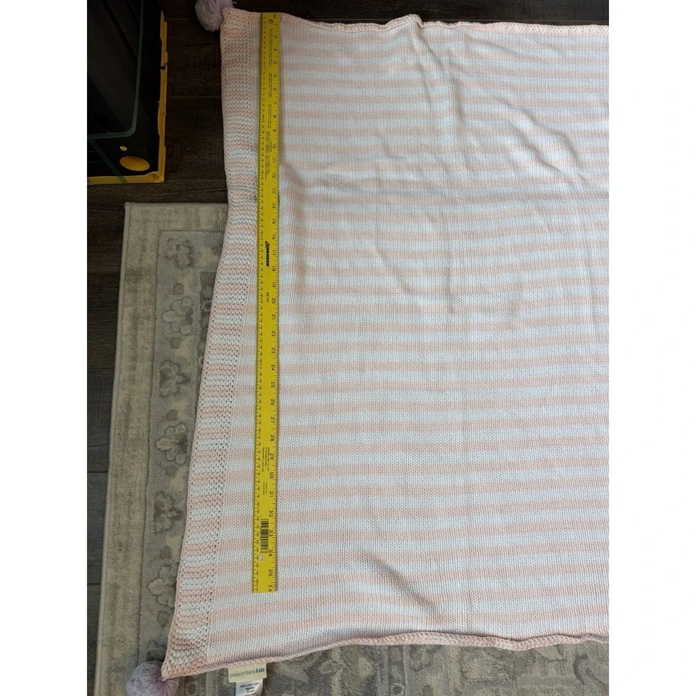 Pottery Barn Kids Cotton Knit Baby Blanket Pink White Striped Pom Pom 30x40 EUC